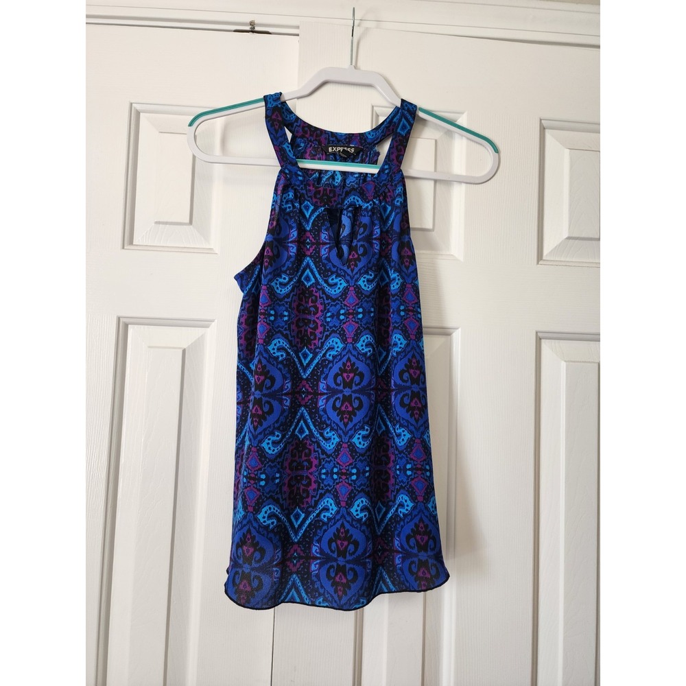 Express Womens Blue Purple Ikat Damask Halter Neck Keyhole Tank Top Blouse